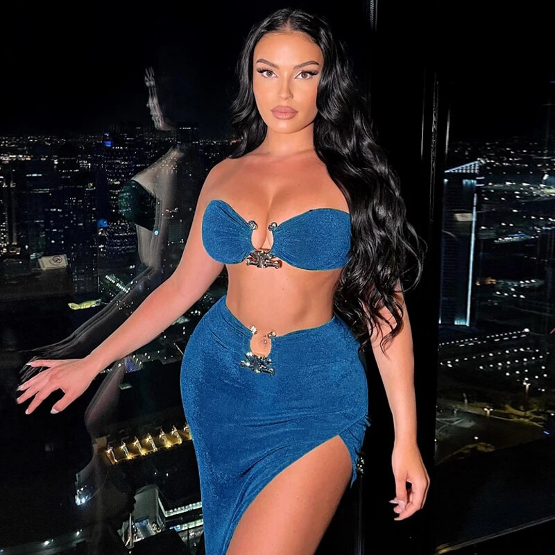 Sexy Strapless Crop Tube Top High Waist Slit Maxi Dress 2 Pcs Suits Fall Women Fashion Streetwear Vestido Y2K