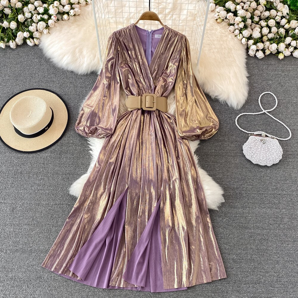 Spring New Women French Loose Midi Dress With Belt Elegant Long Sleeve A-line Lady Clothes  Autumn Female Birthday Party Robe