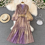 Spring New Women French Loose Midi Dress With Belt Elegant Long Sleeve A-line Lady Clothes  Autumn Female Birthday Party Robe