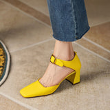 Summer New Women Shoes Square Toe High Heels Cover Heel Shoes Women Genuine Leather Women Sandals Concise Retro Mary Janes