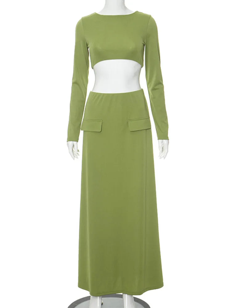 Elegant 2 Piece Set Green Long Sleeve Cropped Top And Slim Split Maxi Skirt Sets Femme  New Party Evening Outfits