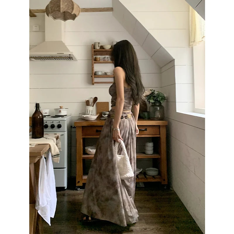 Summer Apricot Vest Skirt Womens Tie-dyed Two Piece Set Fashion Y2K Belt NEW Female Temperament Elegant Party Long Dress