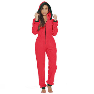 Women Christmas Hooded Pajama Coral Fleece Solid Color Zipper Jumpsuit Lady Winter Thermal Home Sleep Wear Green/Pink/Red