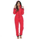 Women Christmas Hooded Pajama Coral Fleece Solid Color Zipper Jumpsuit Lady Winter Thermal Home Sleep Wear Green/Pink/Red