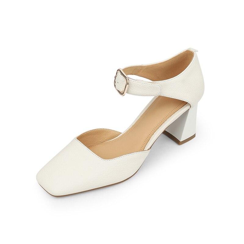 Summer New Women Shoes Square Toe High Heels Cover Heel Shoes Women Genuine Leather Women Sandals Concise Retro Mary Janes