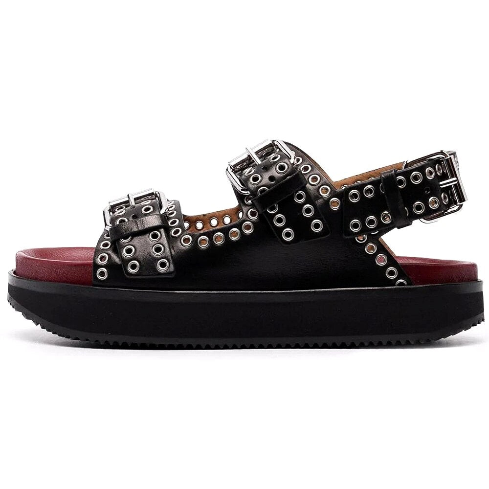 Women's Casual Metal Buckle Platform Sandals  Lolita Shoes Thick-Soled Rivet New Cowhide Open-Toe Beach Vacation Flat Slippers