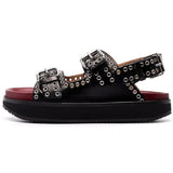 Women's Casual Metal Buckle Platform Sandals  Lolita Shoes Thick-Soled Rivet New Cowhide Open-Toe Beach Vacation Flat Slippers