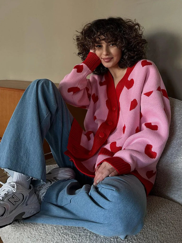 Christmas Love Pattern Knitted Cardigans Women Long Sleeve Button Quilted Knitwear Sweater Fall Casual Loose Fashion Streetwear New Year