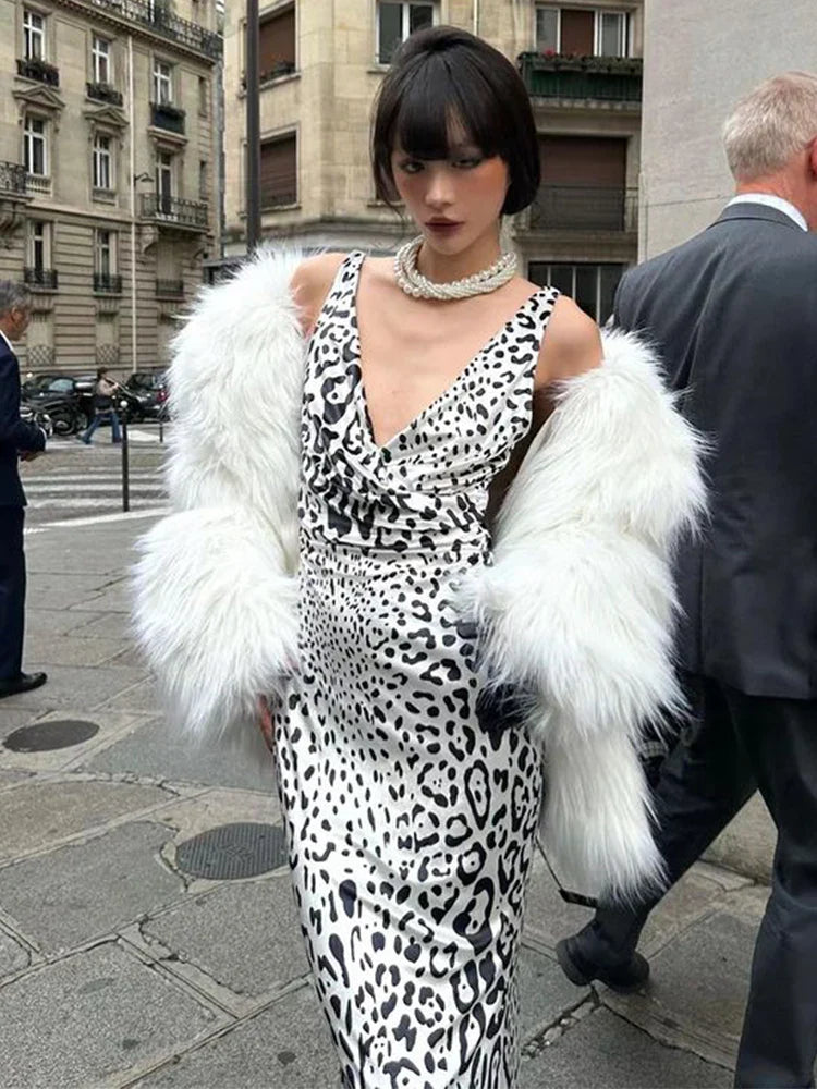 Elegant Deep V Neck Backless Slim Evening Long Dress Women Sexy Leopard Print Slip Maxi Dress Party Clubwear new