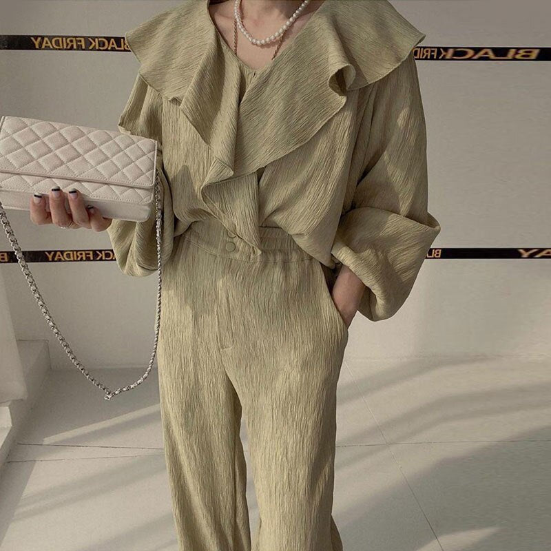 Ruffle Spliced V-neck Shirt + High Waist Wide Leg Pants Set Female  Autumn New Women Solid Loose Two-piece 16T577
