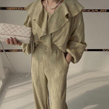 Ruffle Spliced V-neck Shirt + High Waist Wide Leg Pants Set Female  Autumn New Women Solid Loose Two-piece 16T577