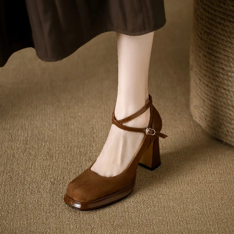 Spring and Autumn Fashion New Buckle Comfortable Solid Color Square Toe Sexy Banquet Women's High Heels Zapatos