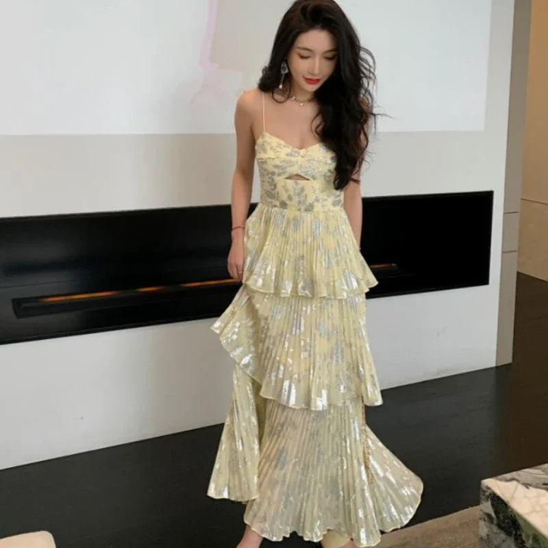 Spring / Autumn New Women Clothing Sexy Charming Yellow Chiffon Bronzing Pleated Cake Long Suspender Dress for Party