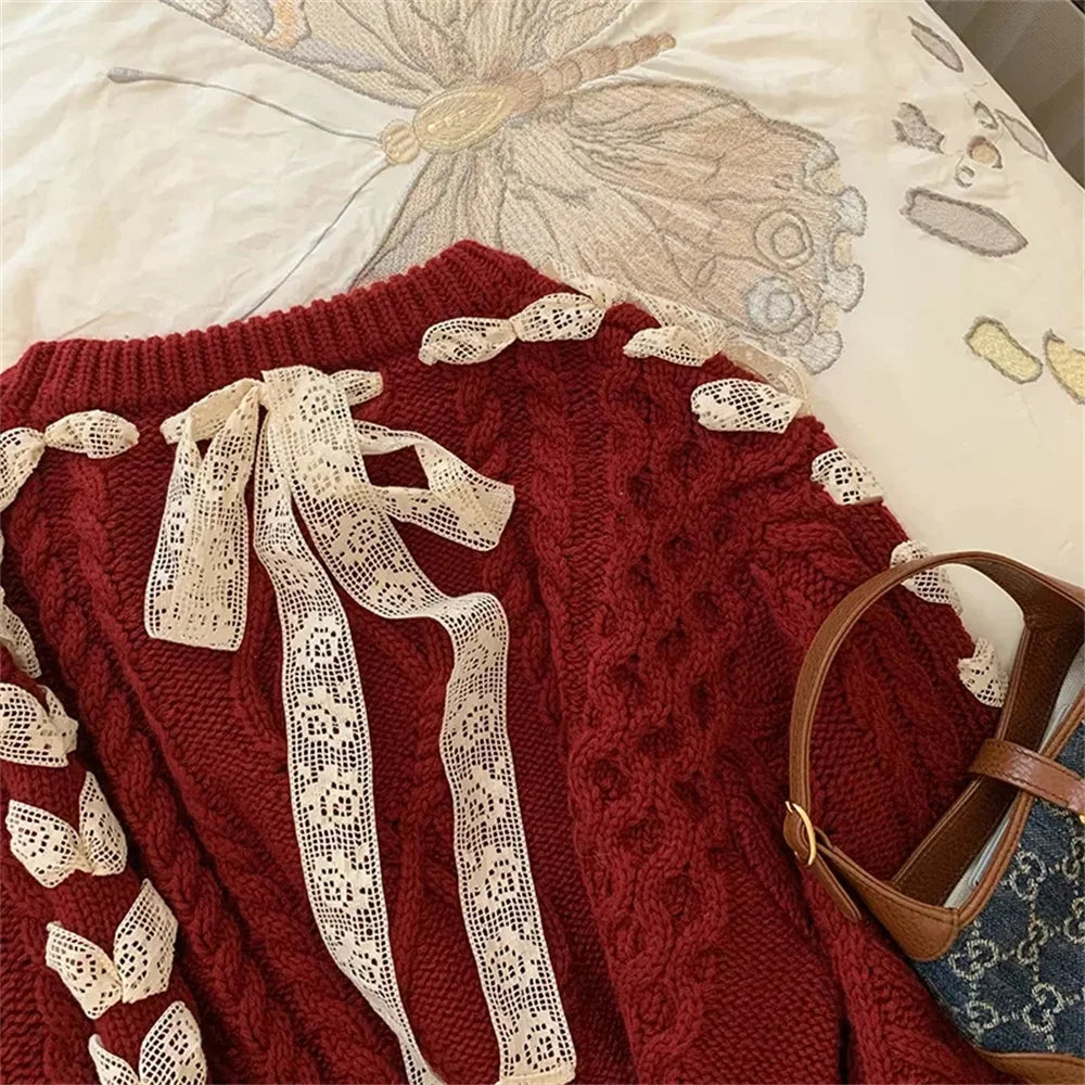Cute girl red Fried Dough Twists ribbon sweater Autumn/Winter New Christmas Sweet Bow Knit Top Women's Korean Fashion Sweat New Year