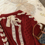Cute girl red Fried Dough Twists ribbon sweater Autumn/Winter New Christmas Sweet Bow Knit Top Women's Korean Fashion Sweat New Year