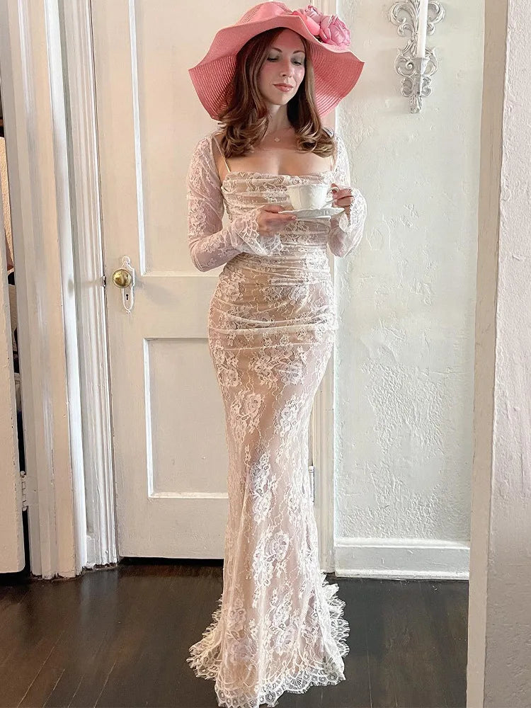 Elegant Women Party Evening Dress Lace Slip Long Sleeve Backless Sexy Maxi Dress For Women  New Slim Long Dress