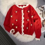 Chic Korean Fashion Flower Pattern Red Christmas Cardigan Sweaters Autumn Winter Long Sleeve Y2K Aesthetic Knitted Tops Christmas New Year