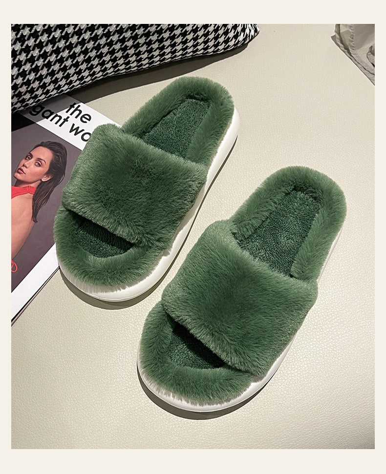 goosudu Thick Fluffy Fur Slippers New Women Winter House Warm Furry Slippers Women Flip Flops Home Slides Flat Indoor Floor Shoes