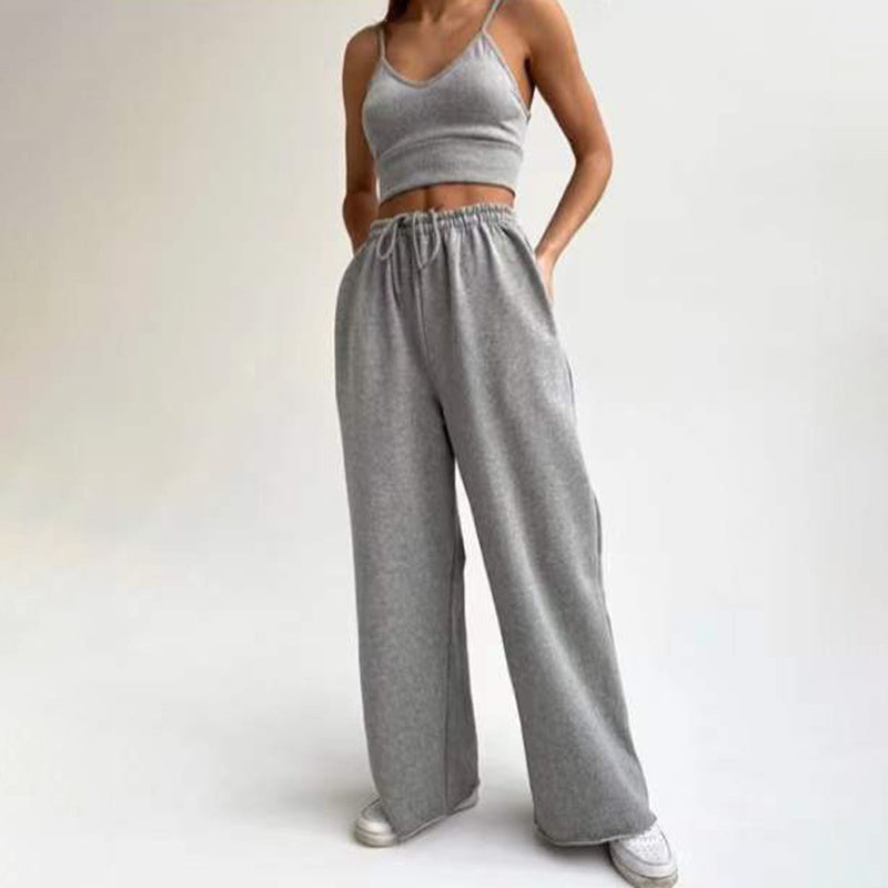 woloong  White Three Piece Set For Women O Neck Long Sleeve Tops Sleeveless Vest Wide Leg Pants Female Casual Sets New