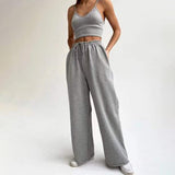 woloong  White Three Piece Set For Women O Neck Long Sleeve Tops Sleeveless Vest Wide Leg Pants Female Casual Sets New