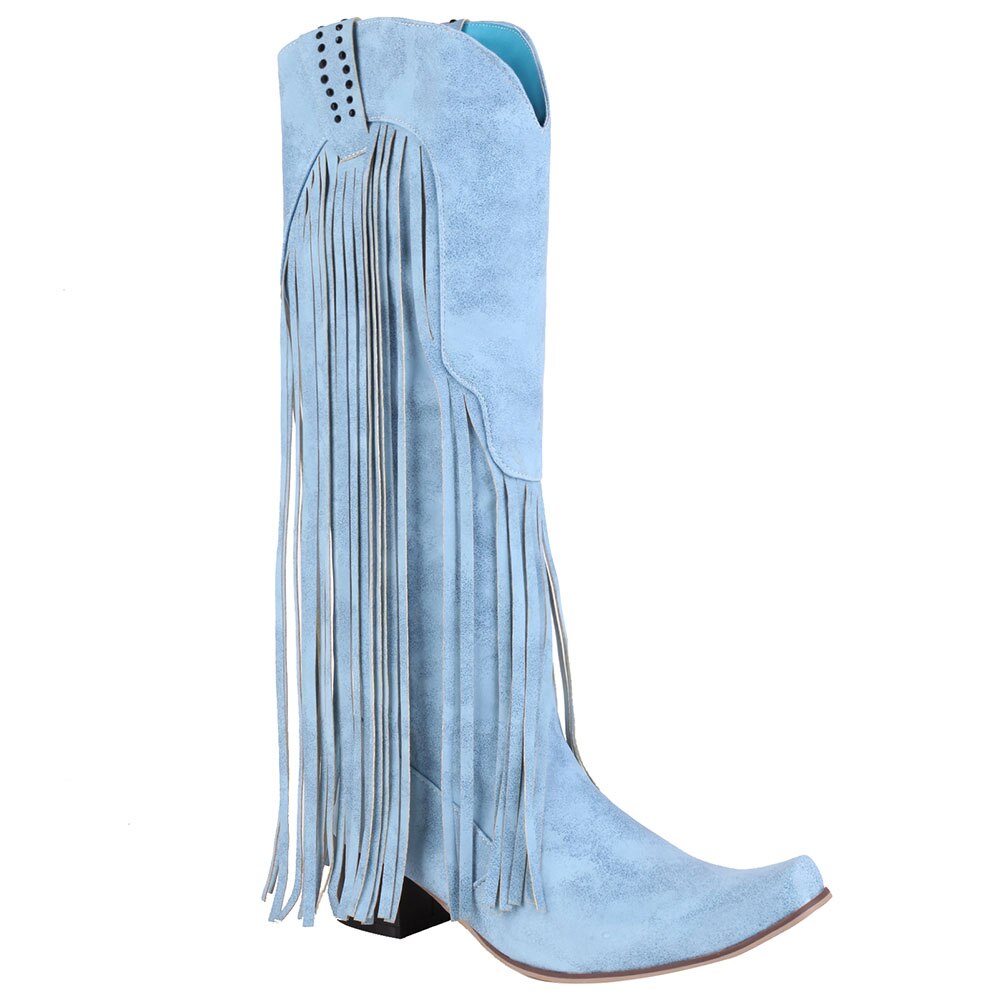 woloong  New Arrival Cowboy Western Long knee-high Boots Women Stacked Heeled Fringe Retro Casual Ridding Boots Autumn Shoes
