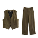 Women Pants 2 Pieces Sets Fashion Linen Vest Tops+Straight Pants Office Suit Vintage Woman Two Pieces Outfit