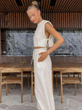 Women's Linen Style Casual Slim Fit Suit Sleeveless Lace Up Tops With Comfortable Wide Leg Pants Summer Beach Vacation Sets