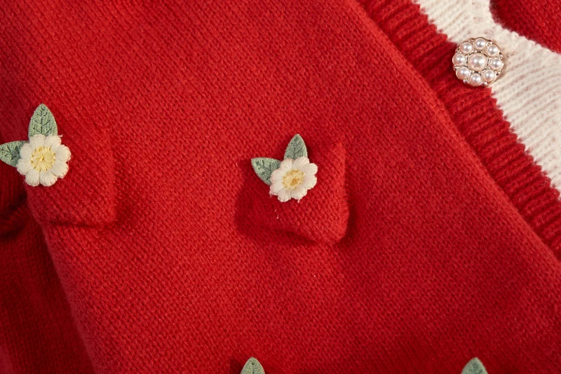 Chic Korean Fashion Flower Pattern Red Christmas Cardigan Sweaters Autumn Winter Long Sleeve Y2K Aesthetic Knitted Tops Christmas New Year