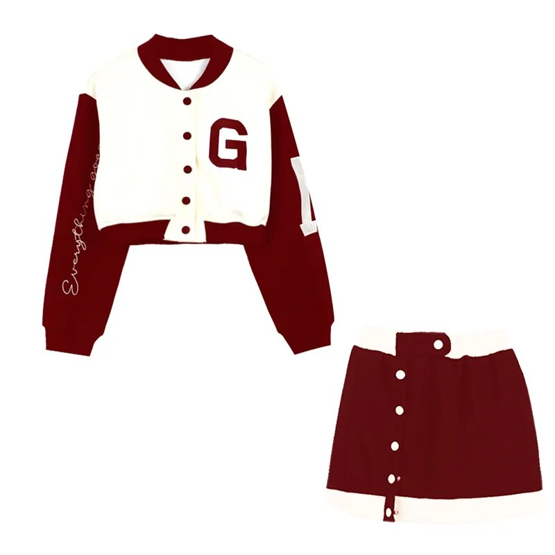 New Casual 2 Piece Set Women Loose Hoodie Vintage Baseball Jacket High Waist Mini Skirts Two Piece Suits