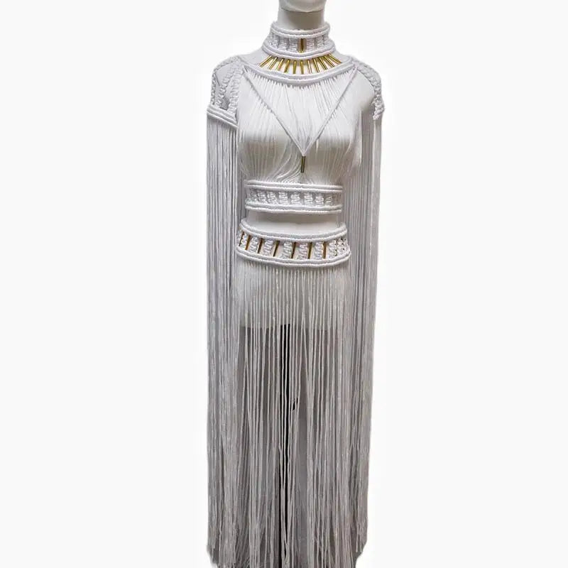 Tassel Hand Crochet Knitted Women Bikini Cover Ups  Summer Holiday Beach Bathing Suit Sexy Hollow Out Skirts Matching Set