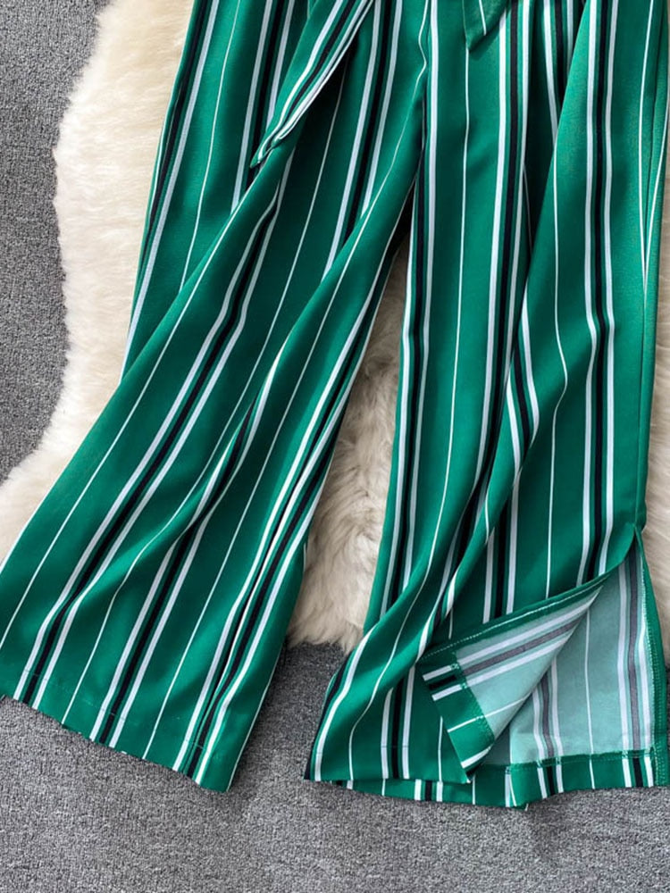 goosudu Summer New Fashion All-match Women's Casual Pants Retro Striped Color Slim Long Slit Wide Leg Pants DK1053