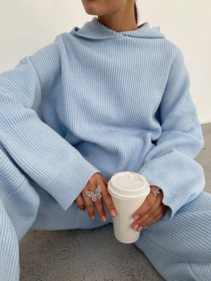 goosudu  Casual Knit Hoodied With Pocket Two Piece Sets Women Solid Long Sleeve Top Wide Leg Pant Outfit Streetwear Tracksuit New