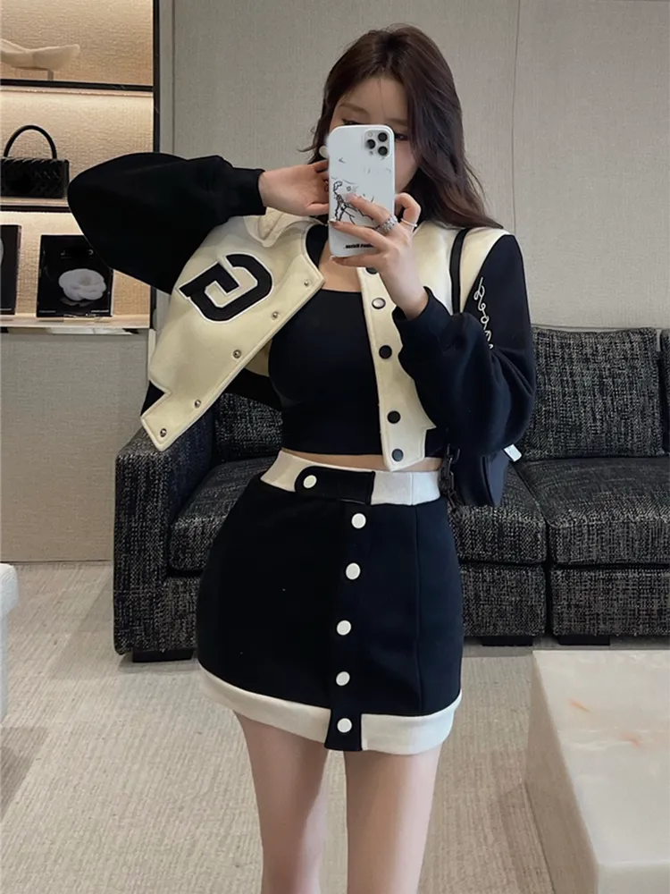 New Casual 2 Piece Set Women Loose Hoodie Vintage Baseball Jacket High Waist Mini Skirts Two Piece Suits