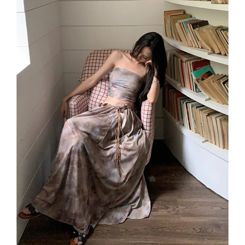 Summer Apricot Vest Skirt Womens Tie-dyed Two Piece Set Fashion Y2K Belt NEW Female Temperament Elegant Party Long Dress