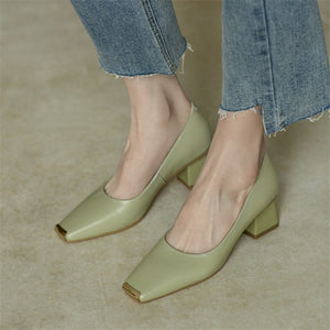 Spring New Women's Pumps Genuine Leather Square Toe Chunky Heel Fashion All-match Casual Women's Shoes Green/Apricot