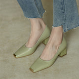 Spring New Women's Pumps Genuine Leather Square Toe Chunky Heel Fashion All-match Casual Women's Shoes Green/Apricot