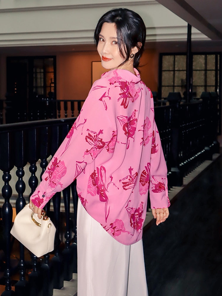 Hit Color Loose Shirts For Women Lapel Long Sleeve Patchwork Single Breasted Casual Loose Blouse Female Fashion New