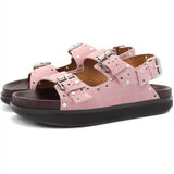 Women's Casual Metal Buckle Platform Sandals  Lolita Shoes Thick-Soled Rivet New Cowhide Open-Toe Beach Vacation Flat Slippers