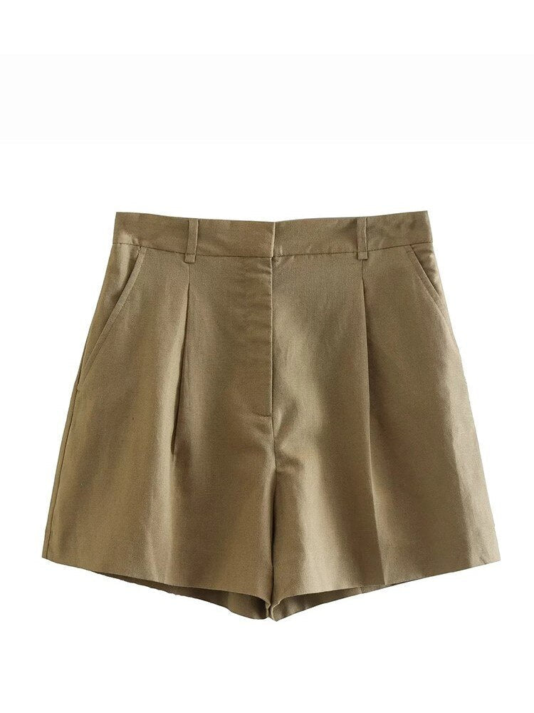 Linen V-neck Vest High Waist Shorts Sets Single Breasted Sleeveless Blazer Shorts 2 Pcs Set Women Fashion Commuter Suits