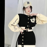 New Casual 2 Piece Set Women Loose Hoodie Vintage Baseball Jacket High Waist Mini Skirts Two Piece Suits