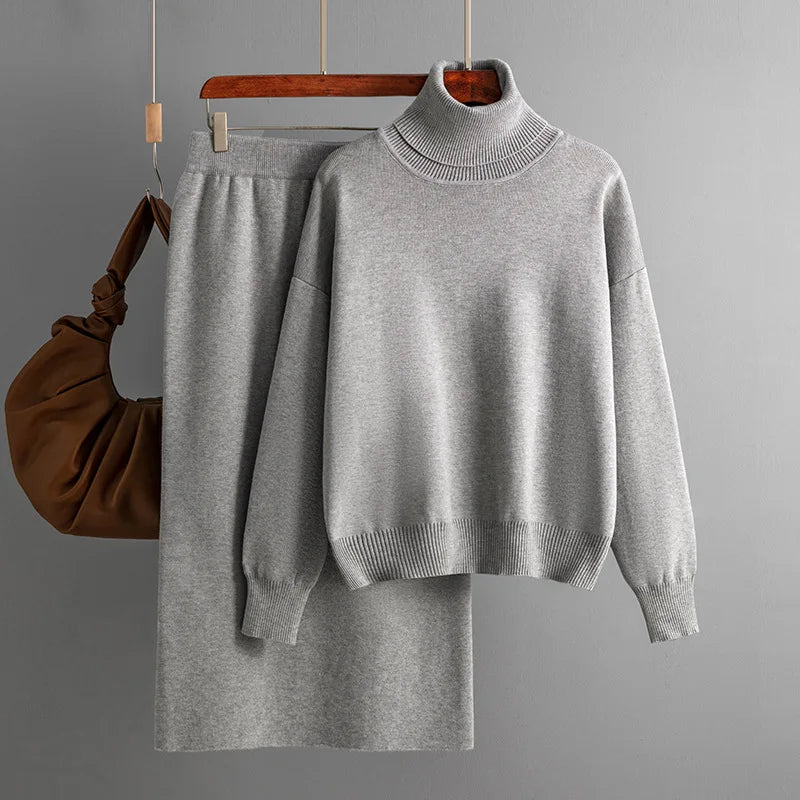 goosudu  Women Gentle Knitted Suits Turtleneck Long Sleeve Loose Pullover+Elastic Waist Bodycon Skirt Winter Fashion Solid Sets