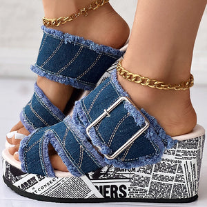 Women Shoes Casual Fashion Vacation Daily Wear Summer Newspaper Buckled Denim Wedge Slippers Sandals