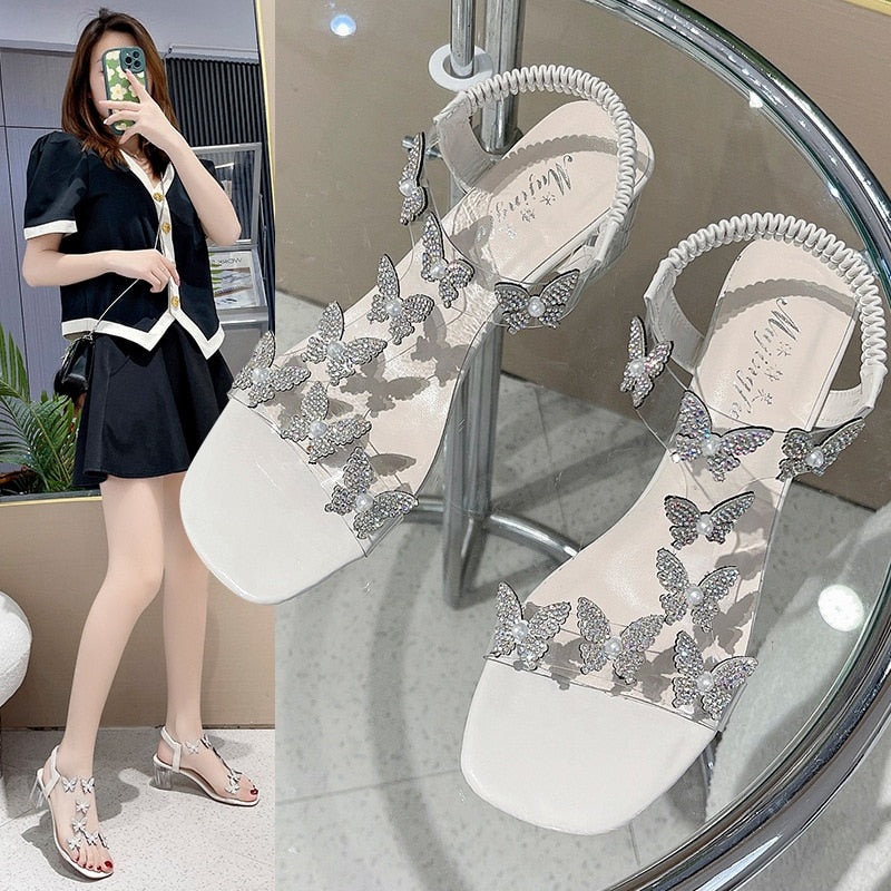 Sandals Women's Rhinestone Summer New Fashion Women's Shiny Butterfly Transparent High Heels Open Toe Sandalias Women's Shoes