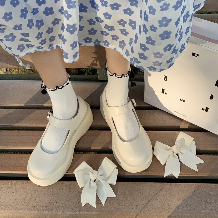 woloong  New Spring and Summer Women Mary Jane Shoes Sponge Cake Bottom Japanese Bowtie Student All-match Sweet Design Pumps