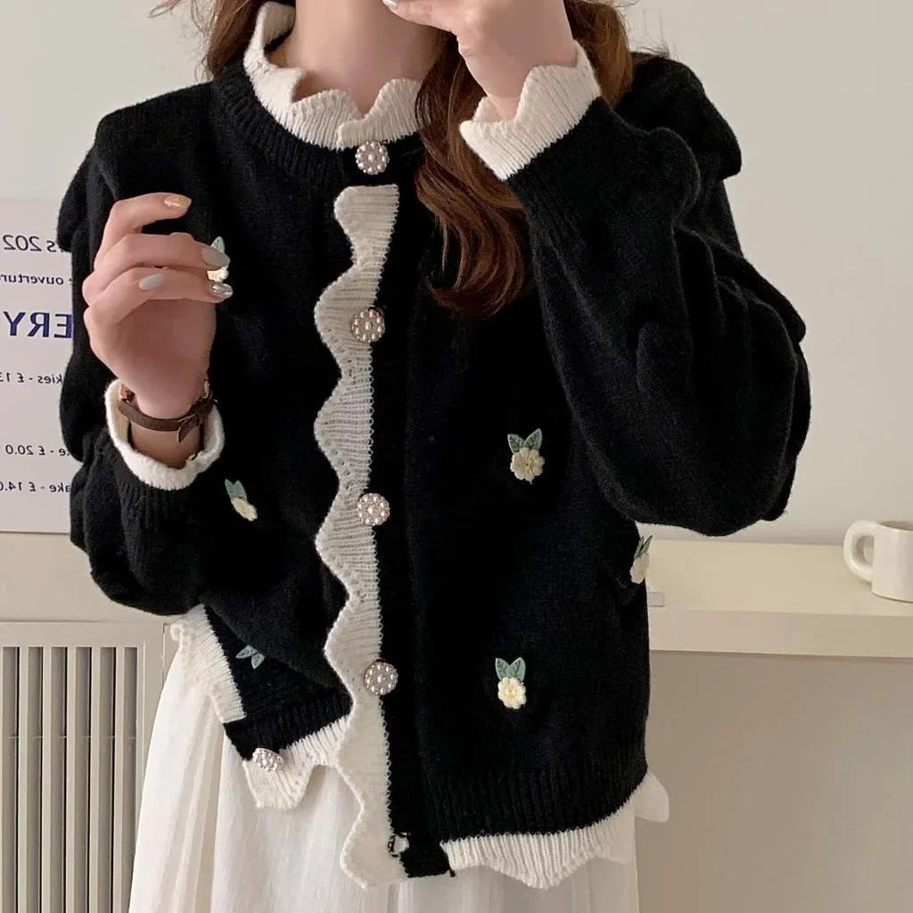 Chic Korean Fashion Flower Pattern Red Christmas Cardigan Sweaters Autumn Winter Long Sleeve Y2K Aesthetic Knitted Tops Christmas New Year