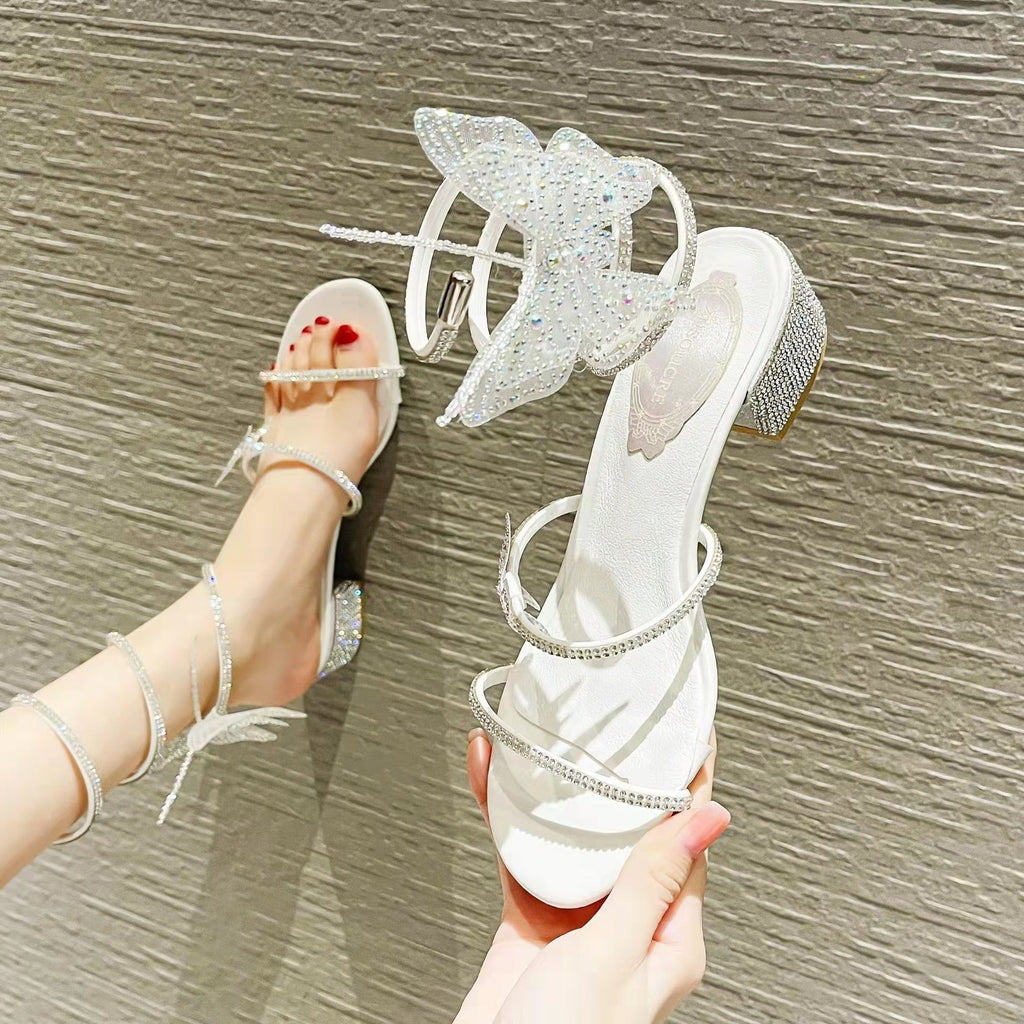 Summer New Women's Sandals Fashion Luxury Rhinestone Butterfly Snake Surround Chunky Heel Banquet Shoes
