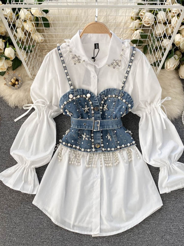 Spring New Blouse Women's Diamond Beaded Puff Sleeve Blusa Top Tassel Pearl Sling Waistcoat Two-piece Stacking Shirt C813