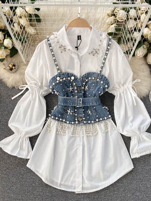 Spring New Blouse Women's Diamond Beaded Puff Sleeve Blusa Top Tassel Pearl Sling Waistcoat Two-piece Stacking Shirt C813