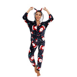 Women Winter Casual Nightwear Christmas Printed Long Sleeve Hooded Jumpsuit Loose Pajama Home Sleep Wear S/ M/ L/ XL/ XXL
