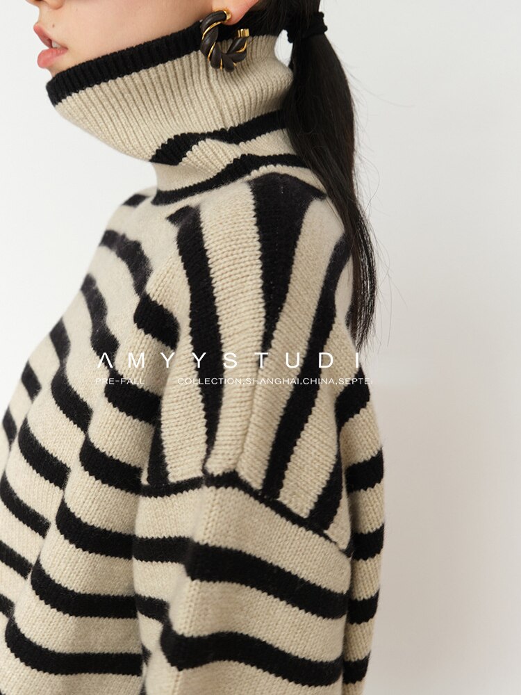 Fashion Tops Women Striped High Collar Sweater New Autumn Winter Loose Design Knitted Pullover Oversized Sweater  Jumper